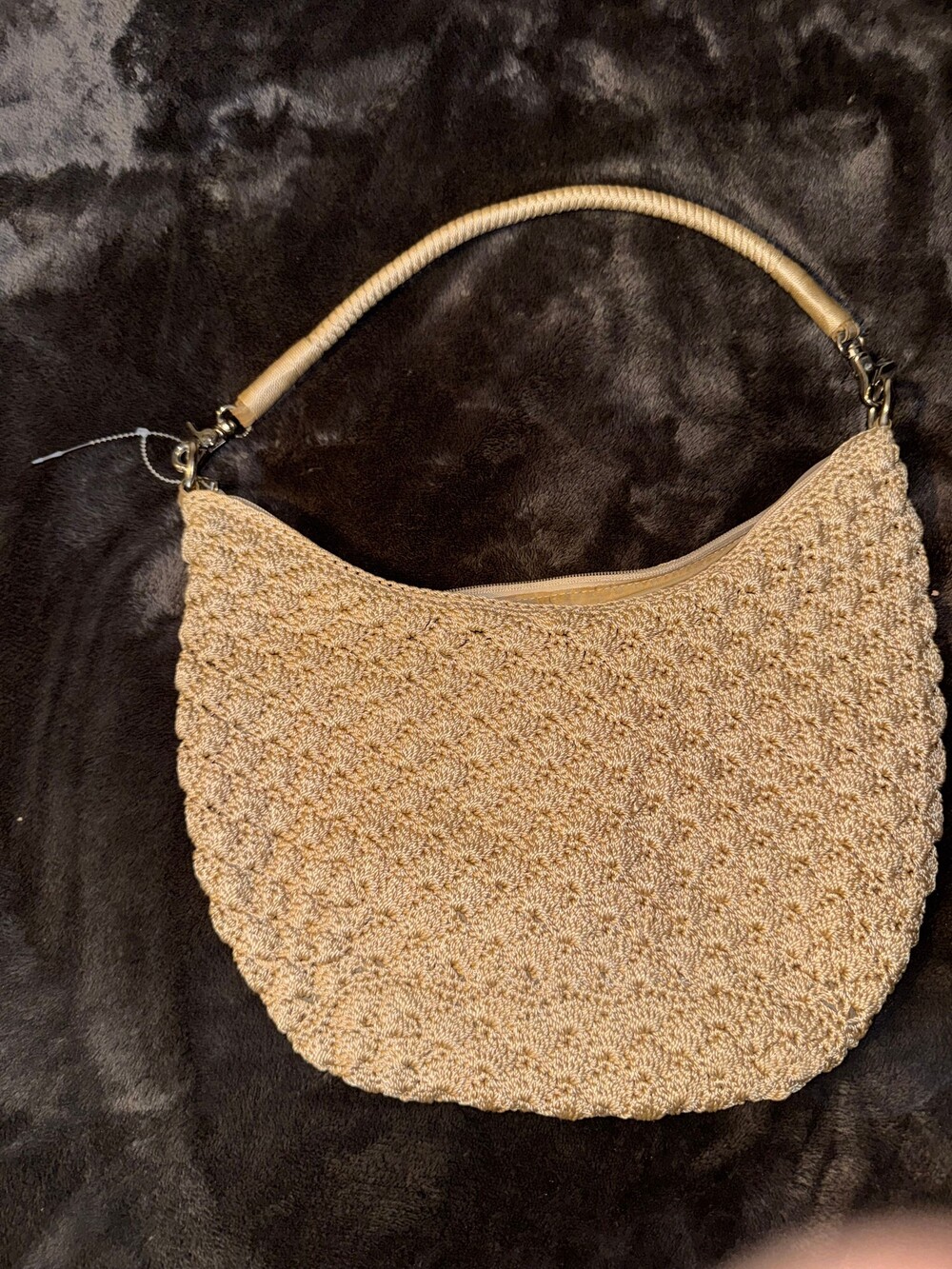 SAK Beige Crochet Handbag with Leather-Wrapped Strap and Zipper Closure